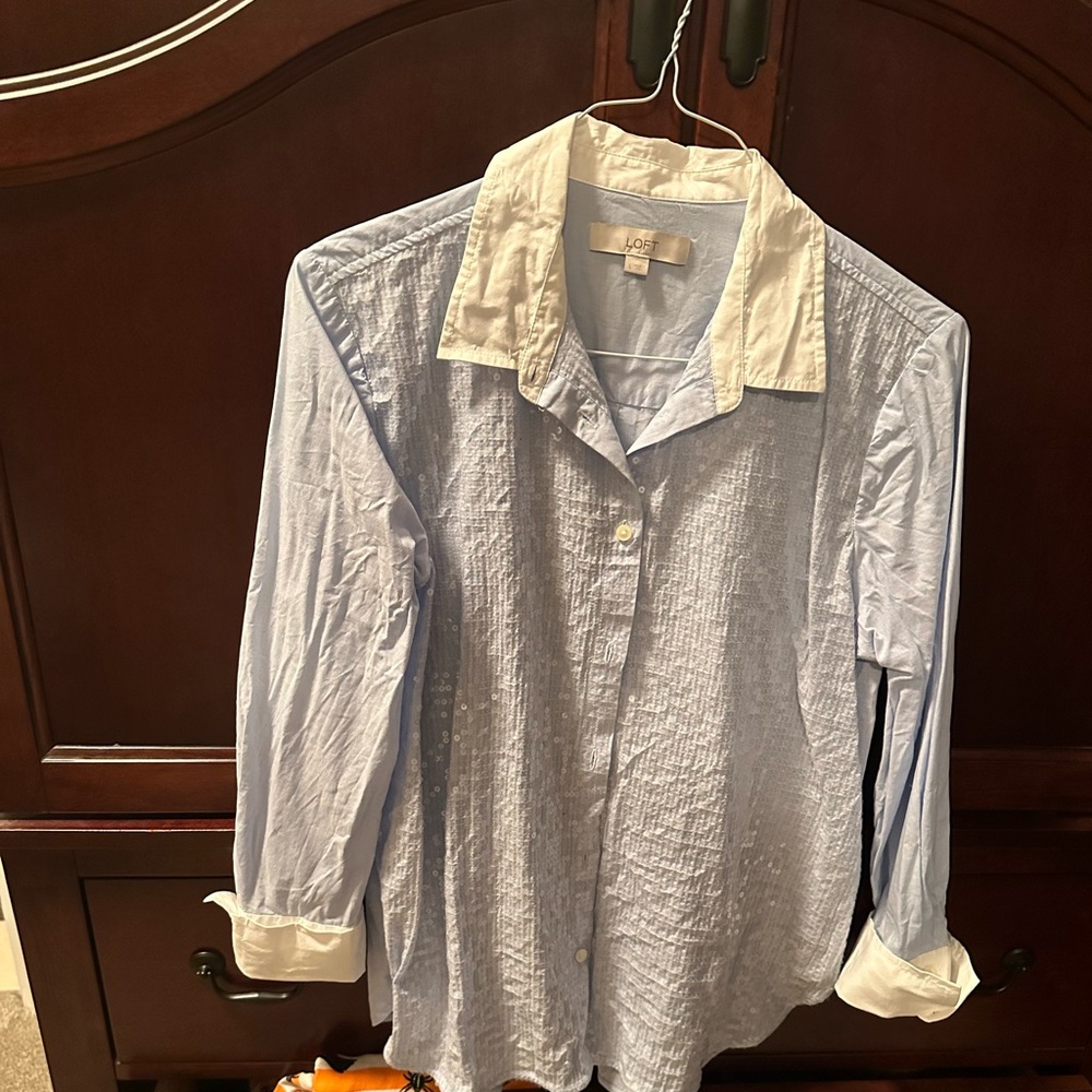 LOFT Women's Light Blue with White Cuffs, Sequins Button Down Shirt